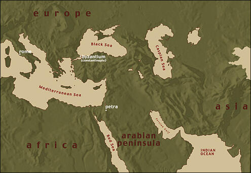 map showing Rome, Byzantium and Petra marked
