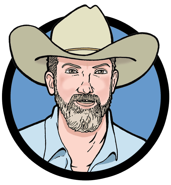 Cartoon headshot of David Hurst Thomas in a cowboy hat