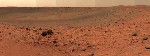 View of the rocky Martian surface from the southern edge of a small crater dubbed Bonneville.