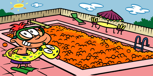 redheaded boy ready to jump into in-ground swimming pool full of oranges