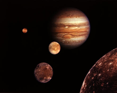 Montage of Jupiter and the Galilean satellites, Io, Europa, Ganymede, and Callisto, all photographed by Voyager 1