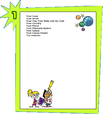 Stationery template with a bright border and cartoon of two stargazers in the bottom left corner and planets in the upper right corner.
