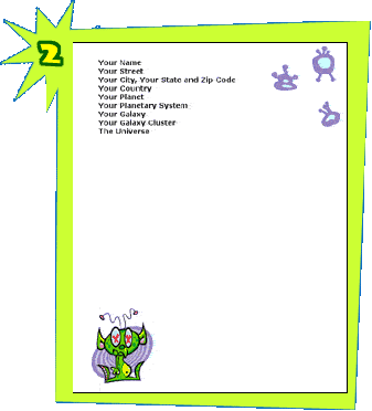 Stationery template with a bright border and a cartoon of an alien with two Xs over its eyes and a spiral behind it in the lower left corner.