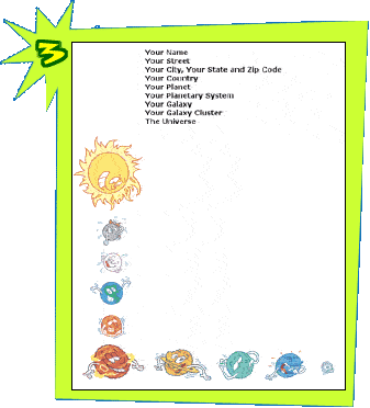 Stationery template with a bright border and illustrations of the Sun and the planets with cartoon faces along the bottom left corner.