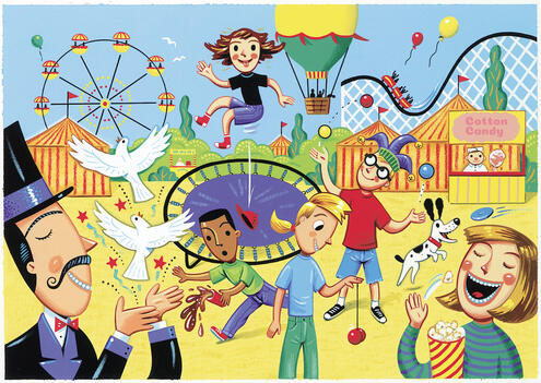 circus illustration with a rollercoaster, ferris wheel, flying hot air ballon, magician letting doves fly, and child on trampoline