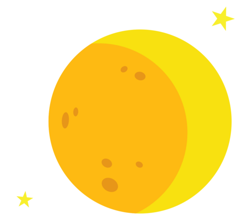 Illustration of moon, depicted as pockmarked circle with lighter colored crescent inside, flanked diagonally by two small stars.