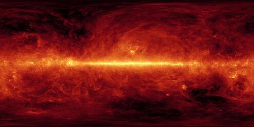 Far infrared photo of the Milky Way galaxy. Colors are red, yellow and orange.