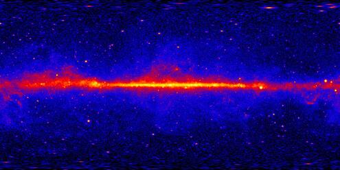 Gamma ray photo of the Milky Way. The image is pixelated and in red, yellow, and blue.