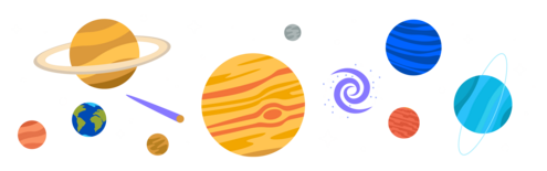A collection of planets and objects from our solar system, including a comet, Saturn, a galaxy and Earth.