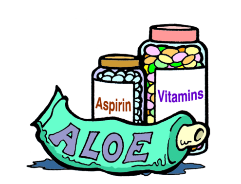 a tube of aloe, with bottles of aspirin and vitamins in the background.