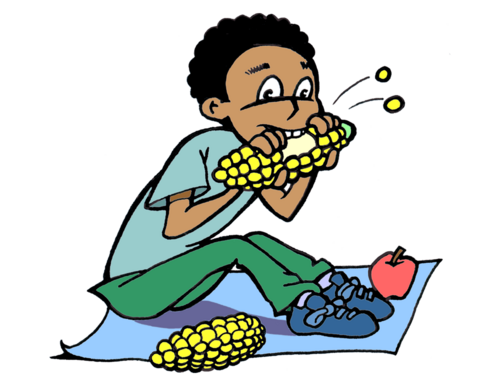 drawing of boy sitting on a blanket and eating corn on the cob.