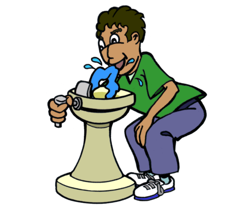 drawing of boy bending over to drink from a water fountain.