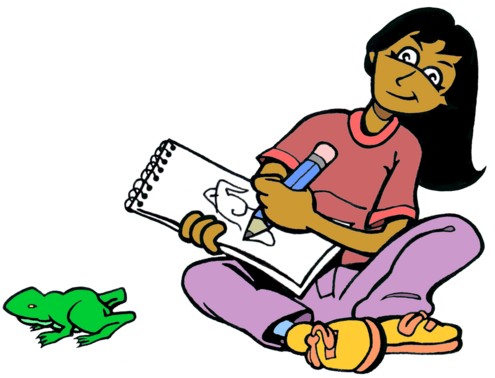 drawing of a girl observing a green frog on the floor and drawing it in her sketchpad. 