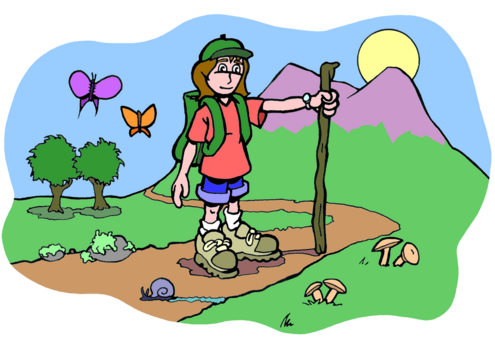 drawing of girl on a dirt path with trees and mountains in the background. 