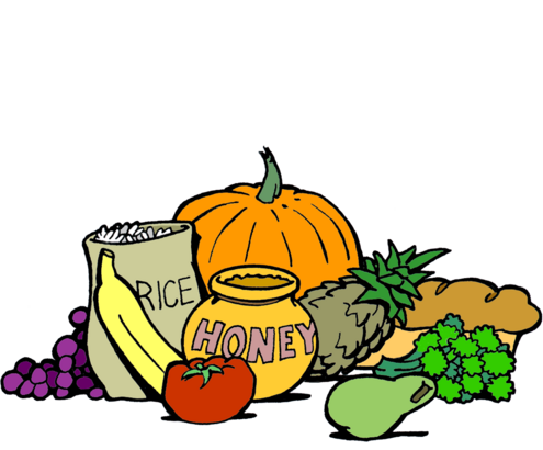 drawing of a honeypot, a bag of rice and a load of bread, along with various fruits and vegetables. 