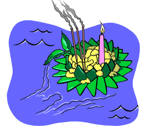 Drawing of a Krathong carrying flowers, a lit candle, and burning incense sticks while floating in water.