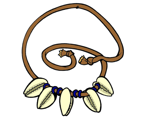 A drawing of a necklace with five cowry shells on it.