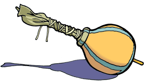 drawing of a rattle, made of a large gourd painted with two vertical stripes and a stick wrapped with fabric and tied with string. 