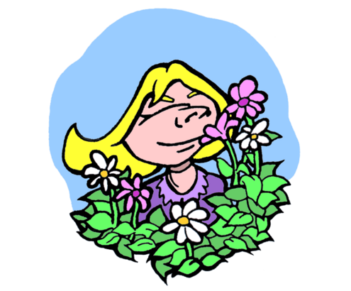 drawing of girl smelling pink and white flowers