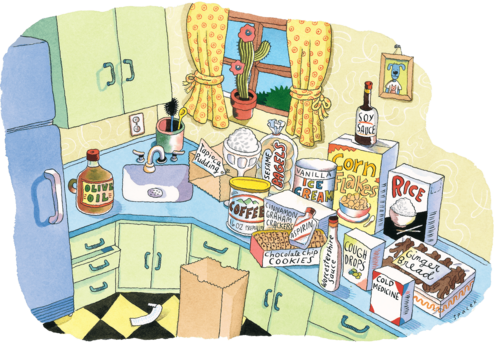 kitchen scene with many grocery products