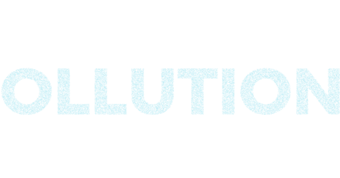 Pointillist block letters in a light color spelling out "Pollution."