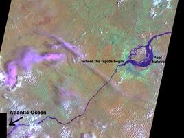 satellite view of Pool Malebo and where the rapids begin