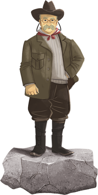 A digital drawing of a man, Theodore Roosevelt, wearing a wide-brim hat, eyeglasses, a field jacket and trousers.