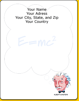 Stationery template with an illustration of Albert Einstein in the bottom right corner with a thought bubble which takes up most of the page.