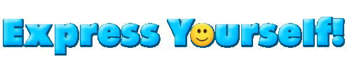 A graphic of the words "express yourself" in bright color, with the letter "o" represented as a smiley face.