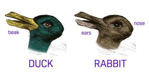 a duck head, and a rabbit head side by side. 