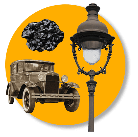 lump of coal, streetlamp, and early car