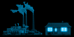 a factory with smokestacks and a house with lights on
