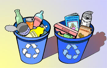illustration of two recycle pals, one filled with paper and cardboard the other filled with plastic and glass