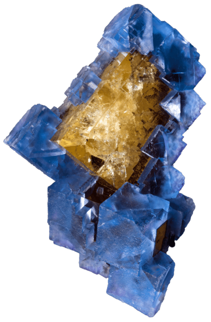 blue mineral with many faces with gold mineral in it