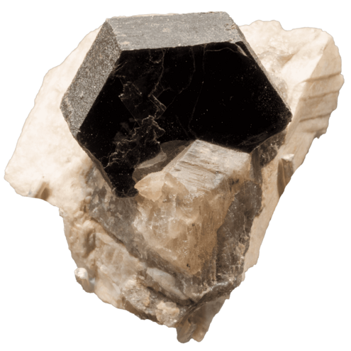 white mineral with smooth black mineral in middle