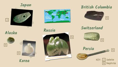 scrapbook page with jade objects from Japan, Russia, Alaska, Korea, British Columbia, Switzerland and Persia