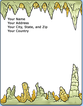 Stationery template with an illustrated border of stalactites and stalagmites on the top and bottom and text in upper left corner.