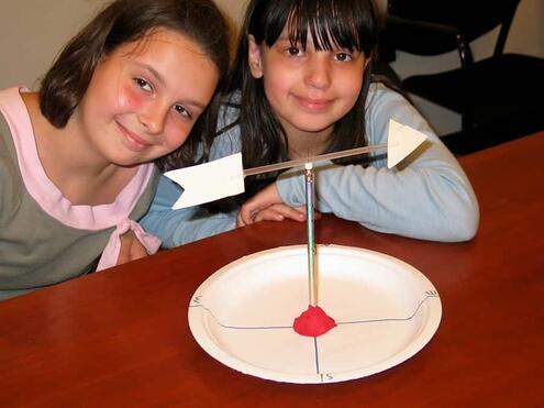 girls posing in front of finished home made wind vane