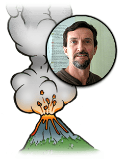 Jim Webster headshot with illustration of exploding Volcano behind him