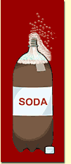 A graphic of a large bottle, labeled "soda," with its cap off releasing effervescent liquid.