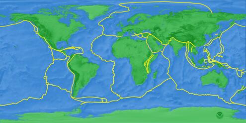 map of the earth with tectonic plates outlined in yellow