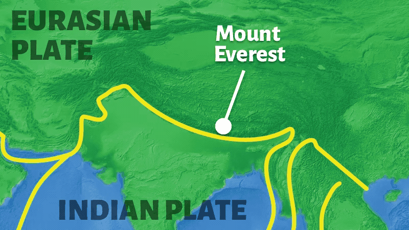 Sets of arrows coming from the Indian an Eurasian plate meet at the plate boundary.