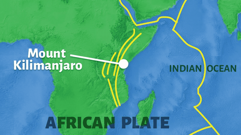 Animation showing two plaques moving apart in West Africa, near the Indian Ocean.