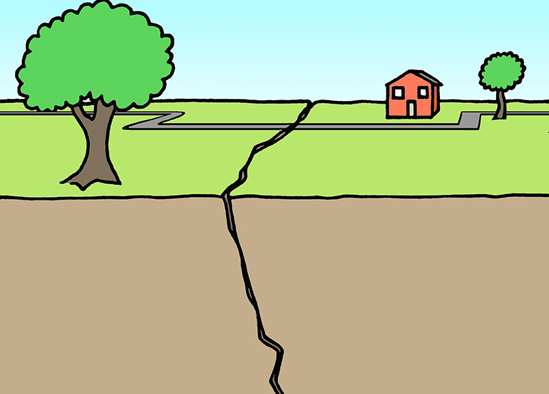 image of trees and a house on opposite sides of a fault line