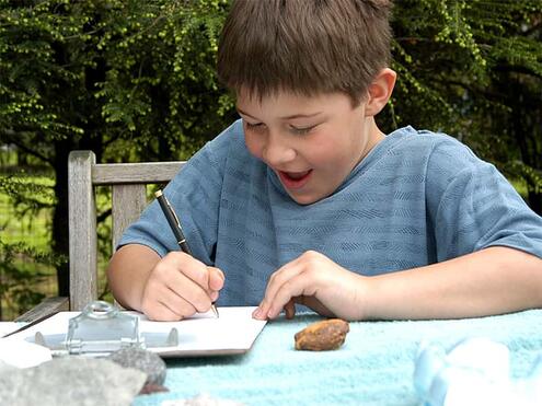 boy recording observations on the rock chart