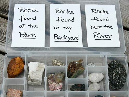 rock display with 3 cards labeled with different categories