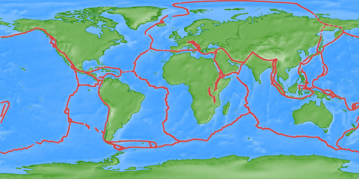 world map with plate boundaries