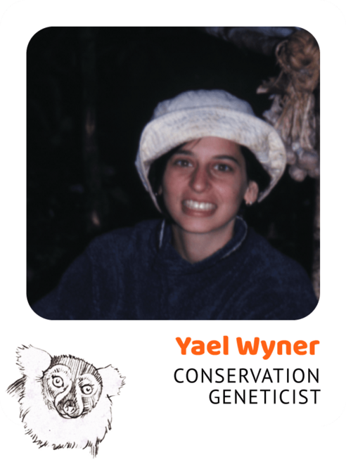 Photo of Yael Wyner, Conservation Geneticist and drawing of a ruffed lemur