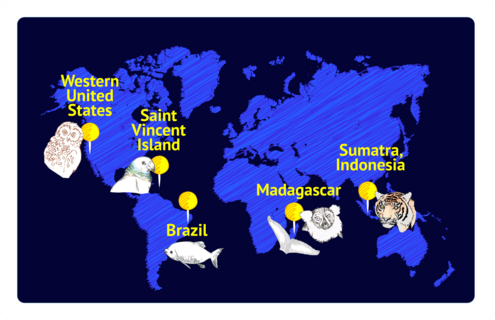 world map with habitat locations of species in article marked