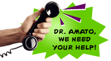 A graphic of a hand holding a landline telephone receiver with a speech bubble with the words, "Doctor Amato, we need your help!"